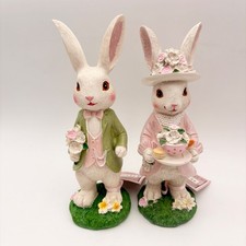 Begonia Market Easter Bunny Rabbit Figurines Pair Pink Green Resin Spring Decor