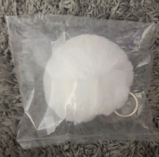 White Faux Fur Pom Pom Silver Ring Keychain Key Fob Purse Charm Fluffy Fur