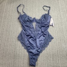 Victoria's Secret Teddy Women M Blue Satin Lace Underwire Plunge Bodysuit