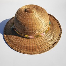 womens vintage straw hat, tan with floral tie