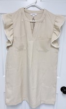 NEW THML Beige Shift Dress Ruffle Sleeve Pockets V-Neck Knee Length Size L
