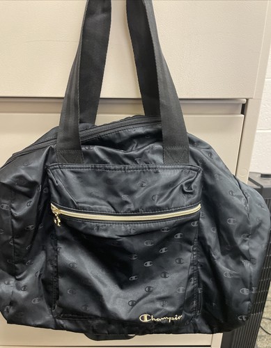 Champion Carry Tote Duffle Overnight Bag Black Logo Double Handle Straps Zipper