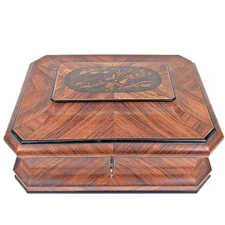 Antique Marquetry Mid-19th Century Victorian Sewing Box & Sewing Accessories Key