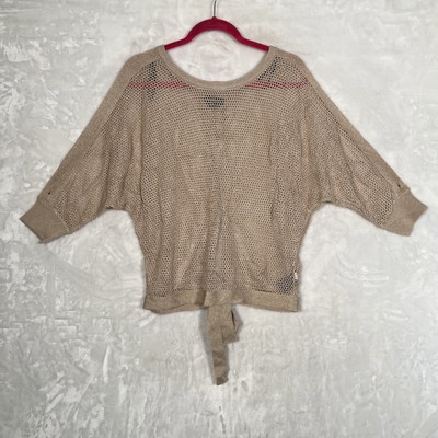 Vintage Bebe Top Lg Gold crochet sweater short sleeve Open Back Tie Club Disco