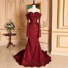 Burgundy Lace Mermaid Wedding Dress Sweep Train Long Sleeve Sweetheart Corset