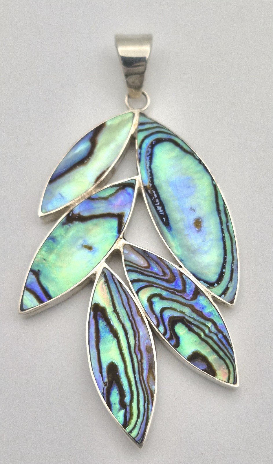 Vintage Solid Silver Abalone Paua Shell Leaf Pend… - image 2