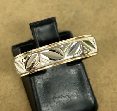 KLASSISCHER 14K BICOLOR GOLD GEÄTZTES DESIGN 4,8 mm BANDRING GRÖSSE 6,25