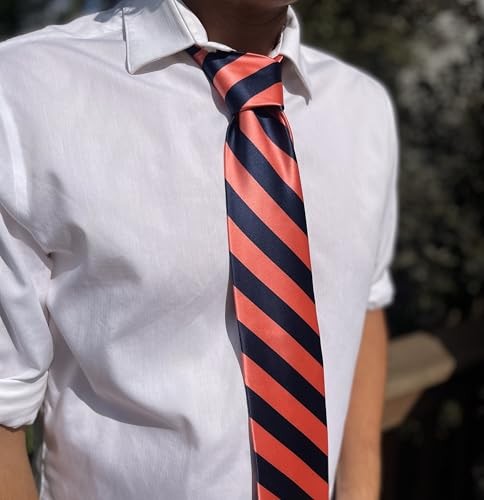 Men's Striped Tie Standard Length Bright Coral and Navy Blue - Picture 3 of 7