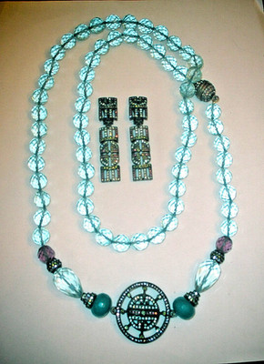 Heidi Daus Vintage Deco Ice Aqua Blue Chrystal Necklace & 2 3/4'' Earrings