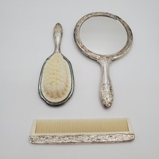 Antique Ornate 3pc Vanity Set 6in Heavy Silver Plated Mirror Brush Comb PATINA