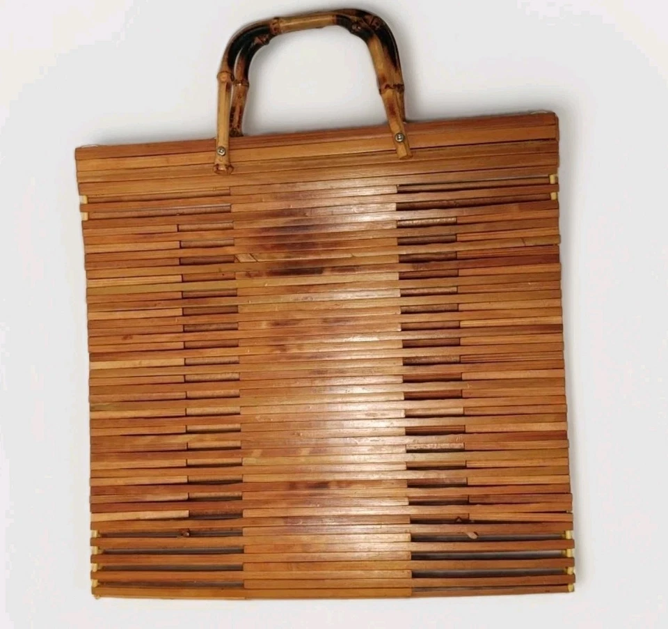 🎍Cartera de bambú vintage doble asa plegable madera natural marrón 11x12x4 Foto 2 de 4