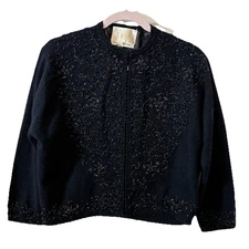 Vtg Black Lambs Wool & Angora Beaded Quarter Sleeve Hidden Snap Cardigan Sz 42