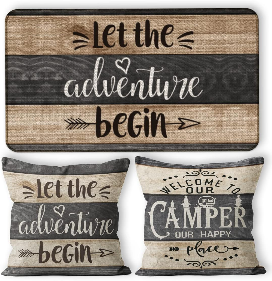 Cozy Camper Decor Set - 1 Doormat & 2 Pillow Covers for RV Interior