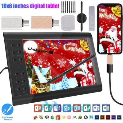 2024 10x6'' inch Digital Graphics Drawing Tablet HD Screen with Battery-free Pen
