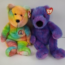 TY Beanie Buddy PEACE Bear & Purplebeary Bear 14 Inches 1999 2 Bear VTG Lot. 