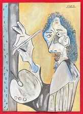 Pablo Picasso (Handmade) Drawing On old Paper Signed & Stamped Mixed Media