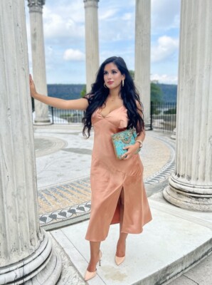 Womens satin beige V-neck midi dress NEW Cocktail side slit dress SUMMER  DRESS