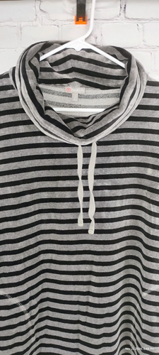 T by Talbots Gray Velour Black Striped Sweatshirt Cowl Neck Drawstring Pockets L - Picture 13 of 18