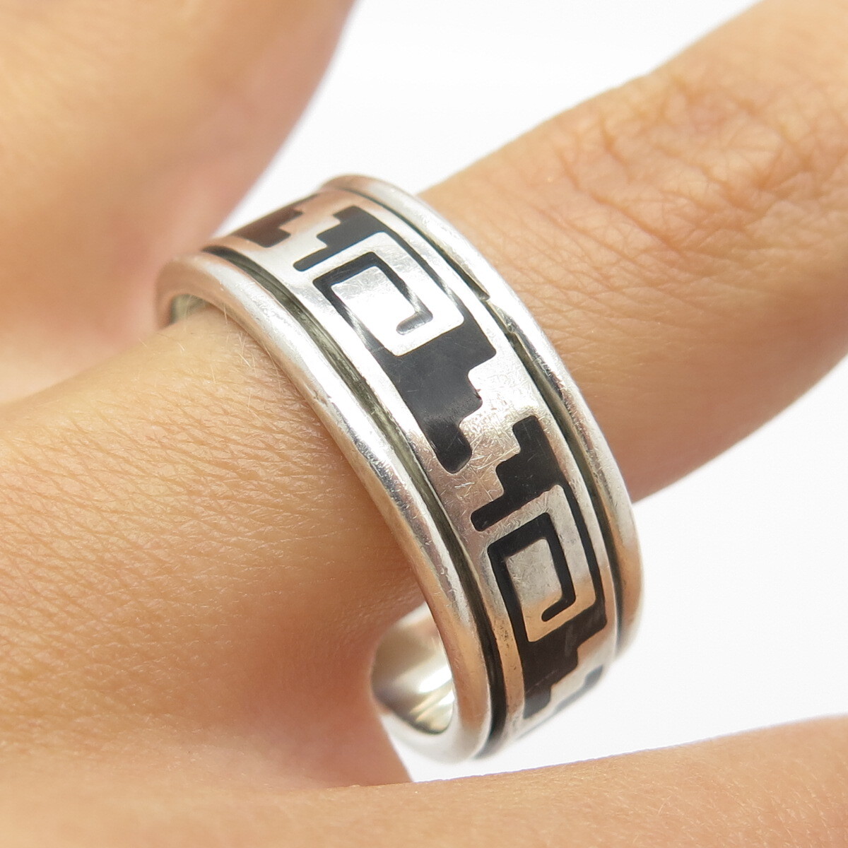 925 Sterling Silver Vintage Mexico Enamel Maze Movable Band Ring
