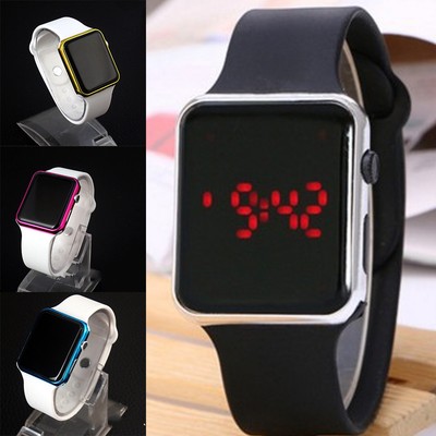 new square mirror face silicone band digital watch red led