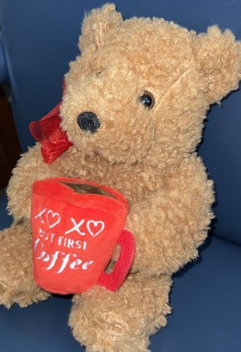 Dan Dee MTY Int'l 10" Fuzzy Teddy Bear with Red But First Coffee Plush - Picture 2 of 4