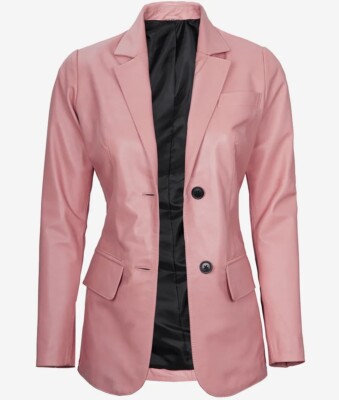 Women's New Design Stylish Look Real Sheepskin Pink Leather Two Button Blazer