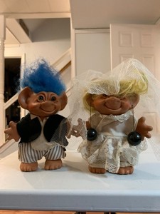 Vintage Bride And Groom Troll Dolls 80s Wedding Yellow Blue Hair