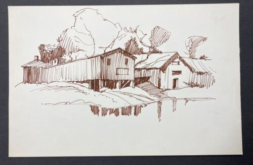 50er Jahre Norman Kent New England Scheune Landschaftszeichnung - Bild 2 von 2