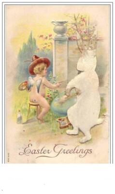 Carte Gaufrée - Easter Greetings - Angelot peignant + lapin avec poil (a - 4088