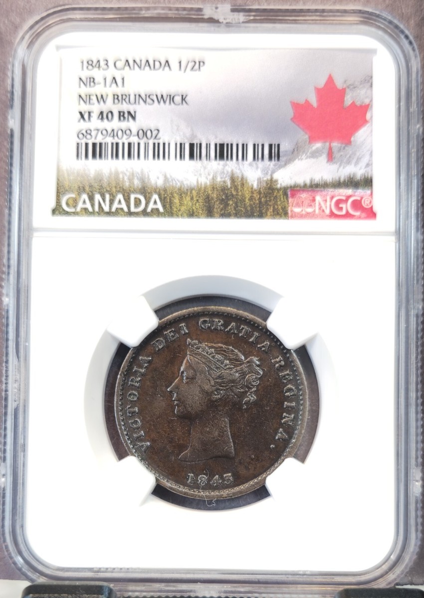 1843 CANADA 1/2 PENNY NEW BRUNSWICK NB-1A1 NGC XF 40 BN SCARCE