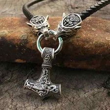 Men's Nordic Viking Hammer Pendant Wolf Head Leather Rope Chain neckless Gift