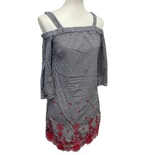 Westport XS Off Shoulder Strappy Gingham Embroidered Flower Long Sleeve Dress