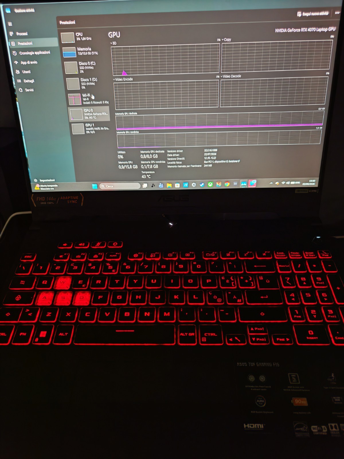 Laptop gaming Asus Tuf 15 GeForceRtx 4070 (Ancora in garanzia danni accidentali)