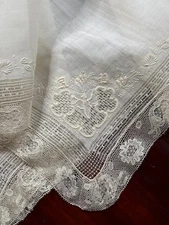 ANTIQUE LACE - LARGE EMBROIDERED HANDKERCHIEF, INITIALS A D and lace trim