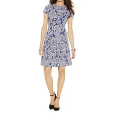 MICHAEL KORS NWOT Short Sleeve Paisley Fit-n-Flare Dress in Blue-Size 14