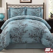 Leaf 8-Piece Blue/Chocolate Branch Reversible Bed in a Bag King Adult Unisex