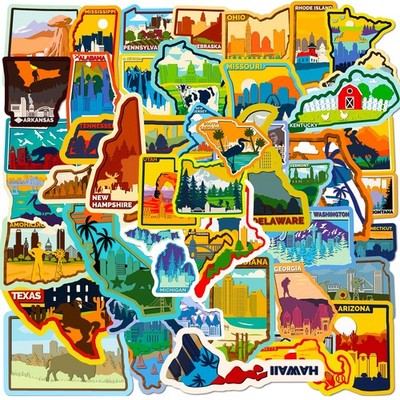 50PCS US States Stickers, USA Map Stickers, Icicrim Outdoor Travel Hiking