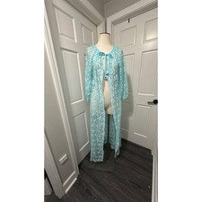 Vintage Light Blue Floral Lace Maxi Robe Sheer Tie Front Duster Lingerie