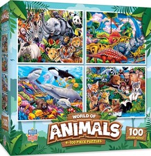 MasterPieces Jigsaw Puzzle Set for Kids, 4-Pack 100, World of Animals 4-pack