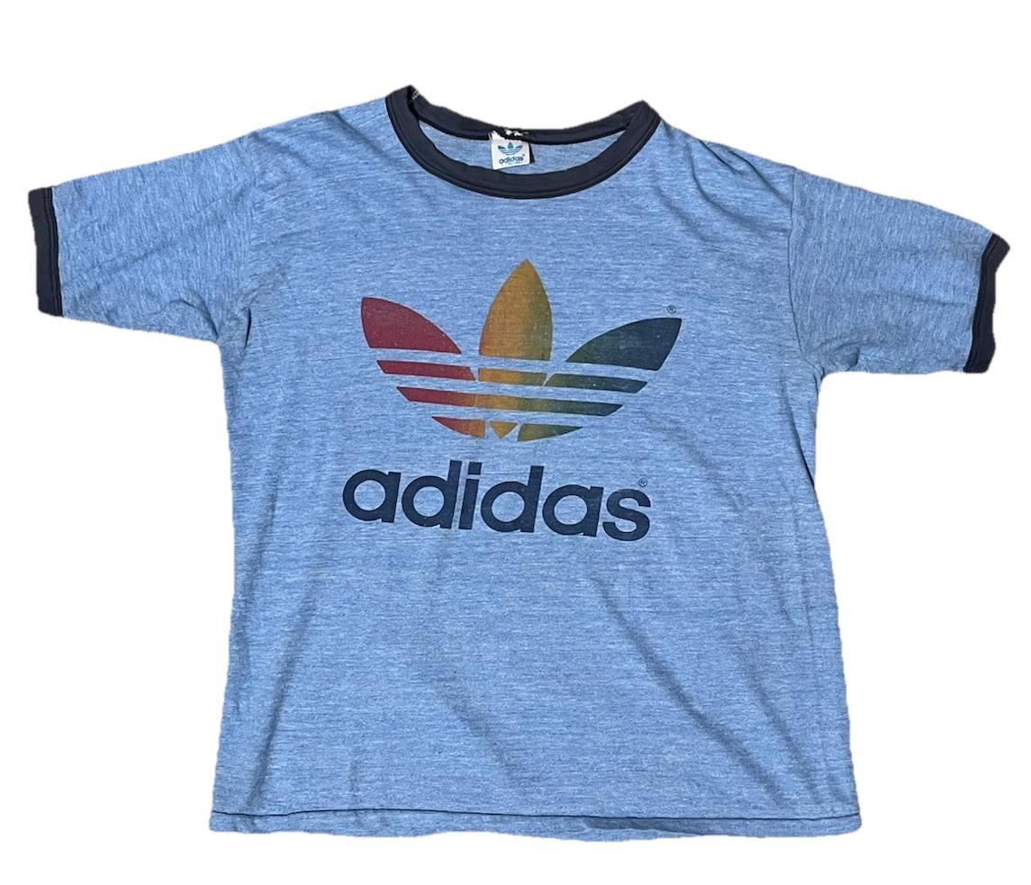 80s adidasレインボーロゴTシャツ Vintage Adidas Rainbow Trefoil Ringer Tshirt 80's Size L Rare