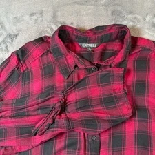 Express Red Black Plaid Long Sleeve Button Down Shirt Women's Size Large