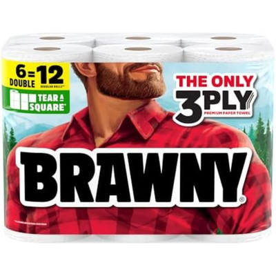 Brawny Strong Tear-A-Square 3-Ply Paper Towels 6 Double Rolls = 12 Regular Rolls