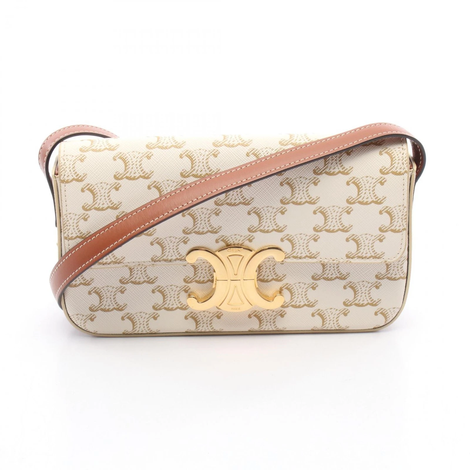Borsa a tracolla Celine Claude Triomphe PVC tela pelle bianca e marrone usata