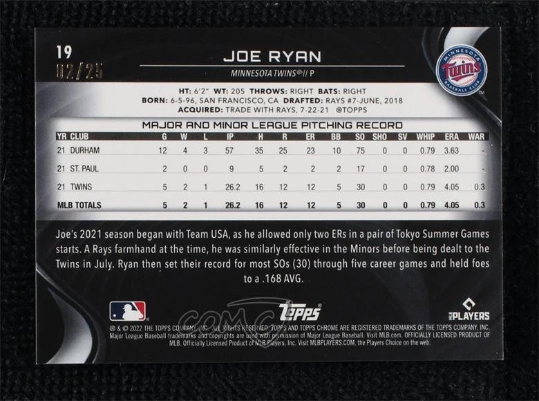 2022 Topps Chrome Black Orange Refractor /25 Joe Ryan #19 Rookie RC - Image 2 of 2