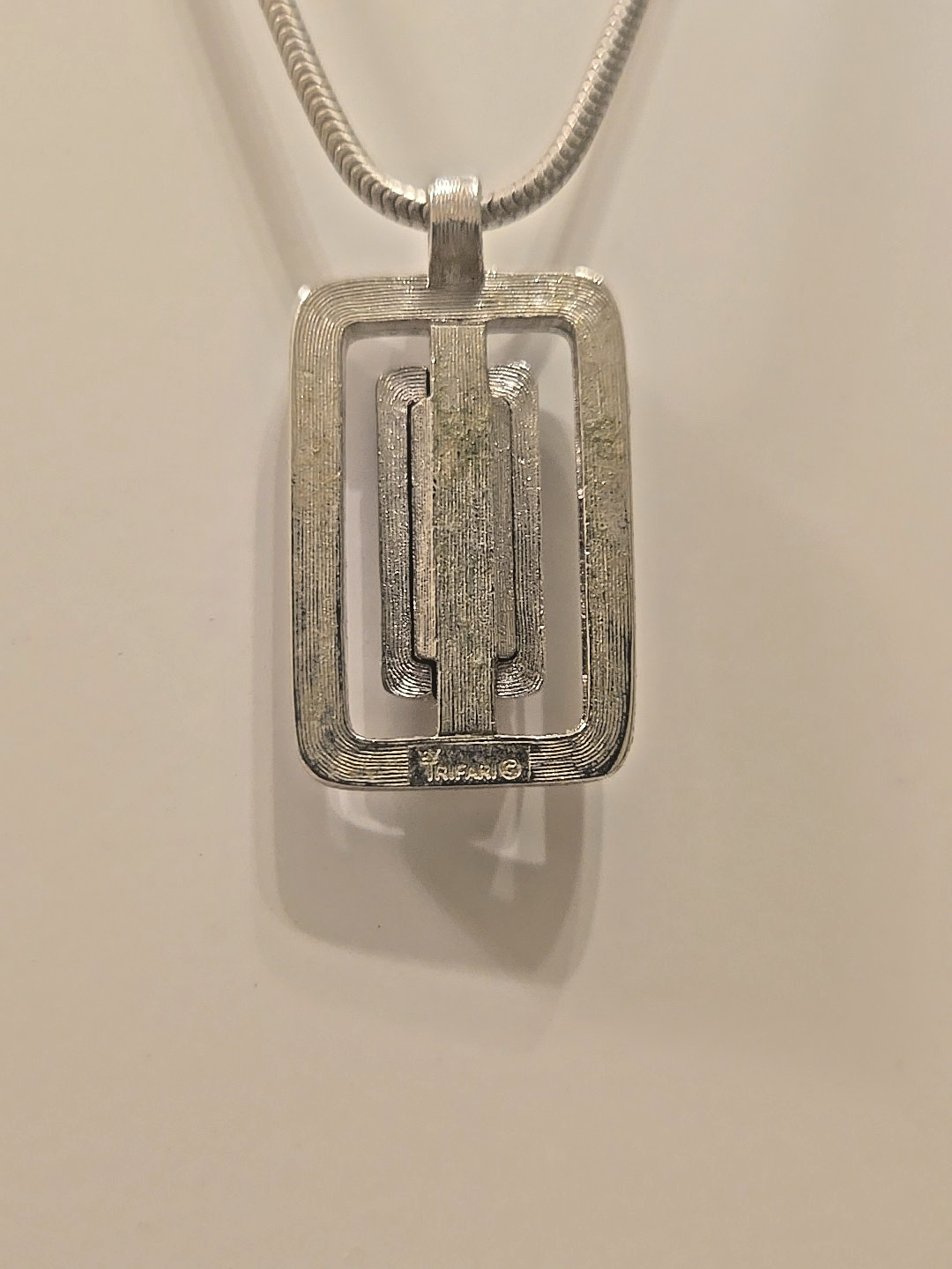 Trifari Silvertone Clear Stone Rectangle Pendant … - image 3