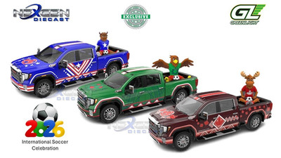 GREENLIGHT 1:64 2022 GMC SIERRA 3500 HD 2026 INTL SOCCER TRIBUTE 3PC SET GL30606