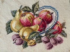 VTG Completed Needlepoint Still Life Fruit Cream Field with Black Border 12"x10"