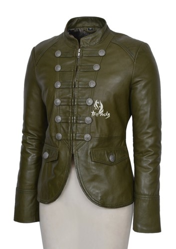 SCARLET Ladies Leather Jacket Olive Studded Military Style Real Leather Jacket - Picture 3 of 5