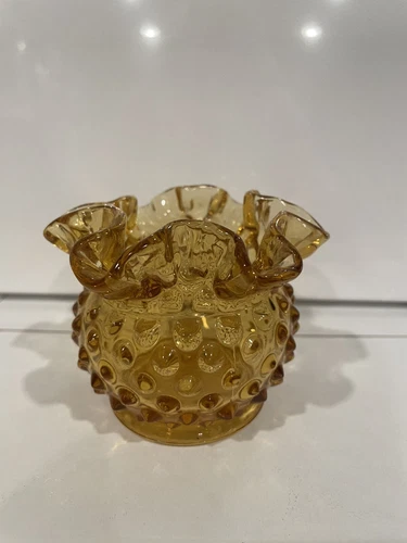 Vintage Fenton Glass Amber Hobnail Ruffled Crimped Edge 3" Vase Rose Bowl