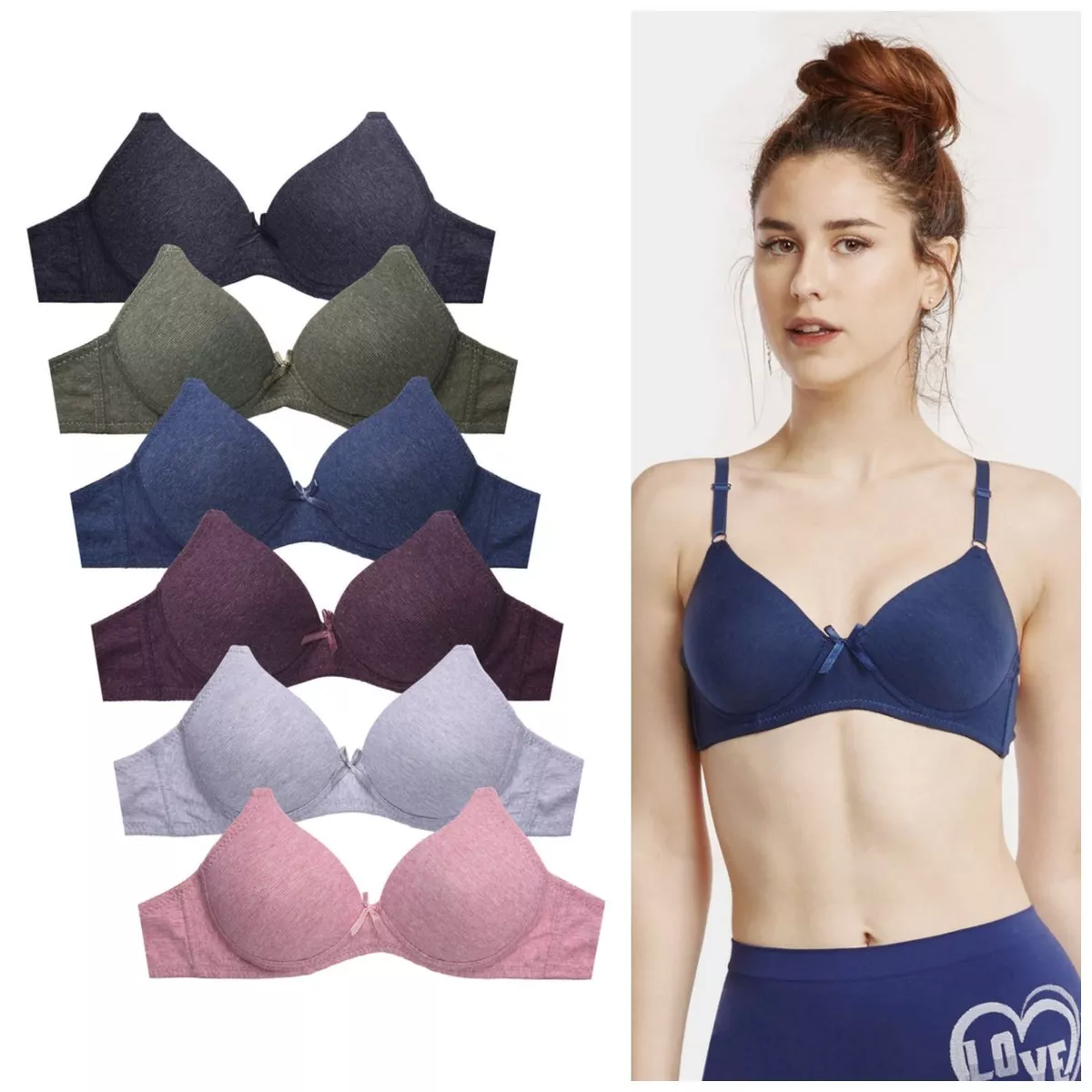 Lot 6 Cotton Wireless Full Coverage Light Padded Comfortable Plain No Wire  Bras